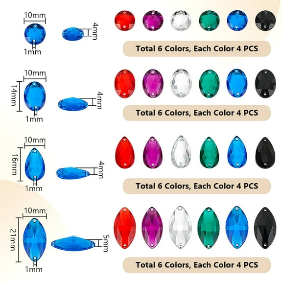 1box 96pcs 24 styles Oval Teardrop Horse Eye Sew on Rhinestone Taiwan Acrylic Rhinestone Two Holes Garments Accessories Faceted Mixed color 10~21x10x4~5mm Hole: 1mm 4pcs/style