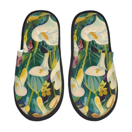 Balery Tropical Floral Jungle Slient Indoor Furry Fleece Comfort House Shoes Soft Non-Slip Home Shoes Cotton slippers House Slippers-- Large