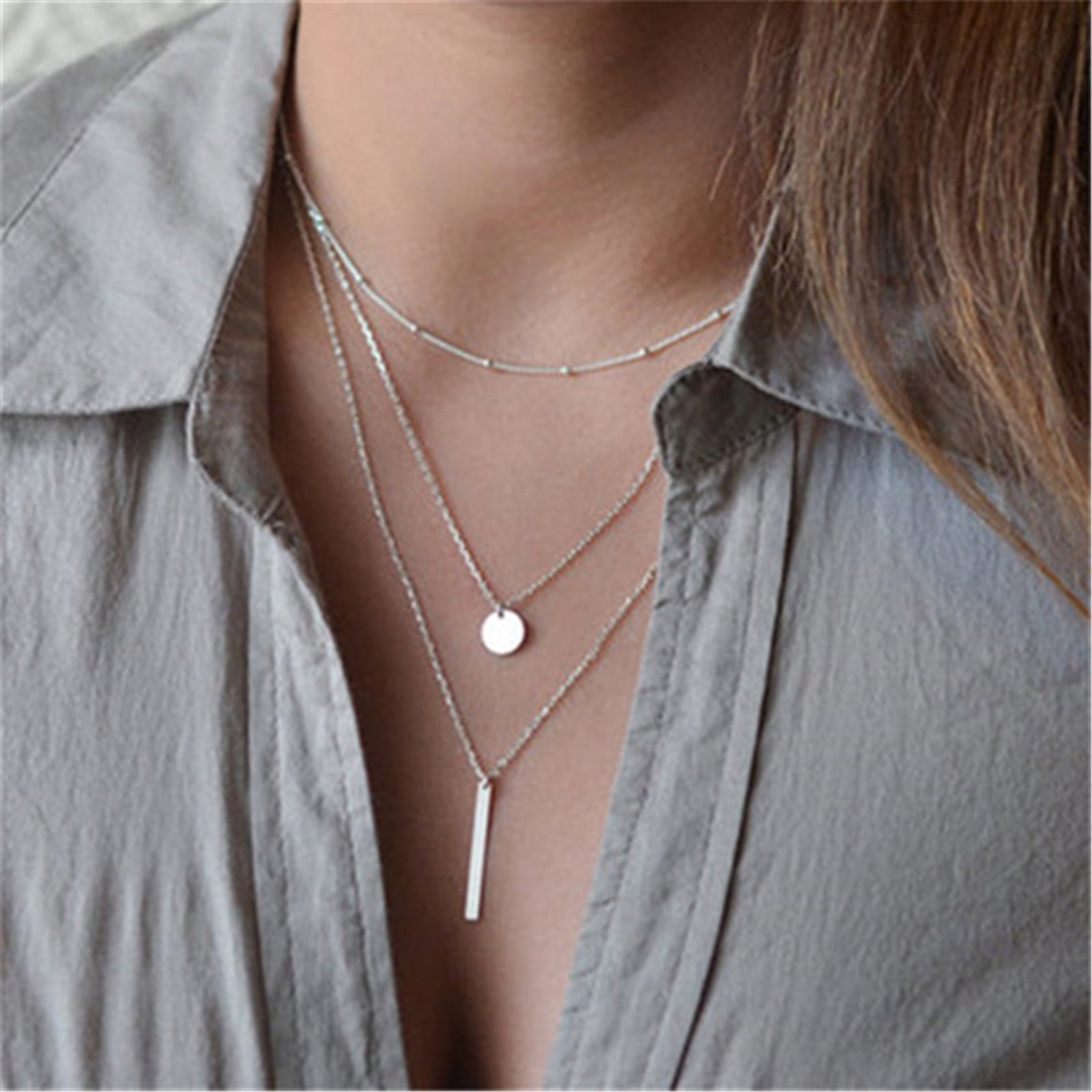 2PC Necklace Multi Layer Boho Long Necklace with Disc Bar Pendant for Women  Necklaces for Women Pearl Crystal Necklace Holder 