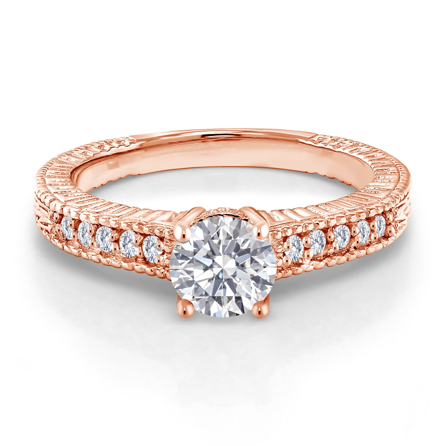 Gem Stone King 18K Rose Gold Plated Silver Lab Grown Diamond Engagement Ring for Women | 0.89 Cttw | Round 6MM | DEF Color | VVS-VS Clarity | Wedding Engagement Anniversary Ring for Women | Size 7
