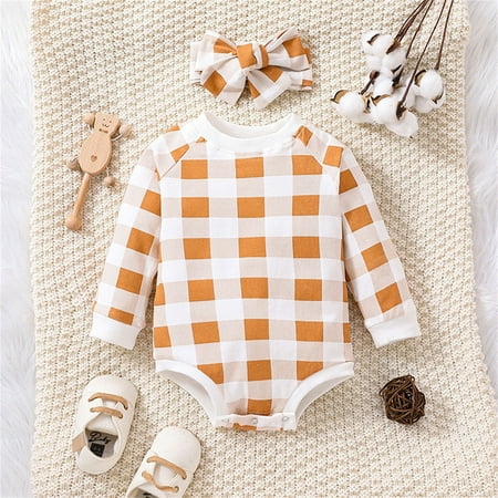 

NIUREDLTD Baby Unisex Cotton Plaid Autumn Long Sleeve Romper Bodysuit Headbands Clothes
