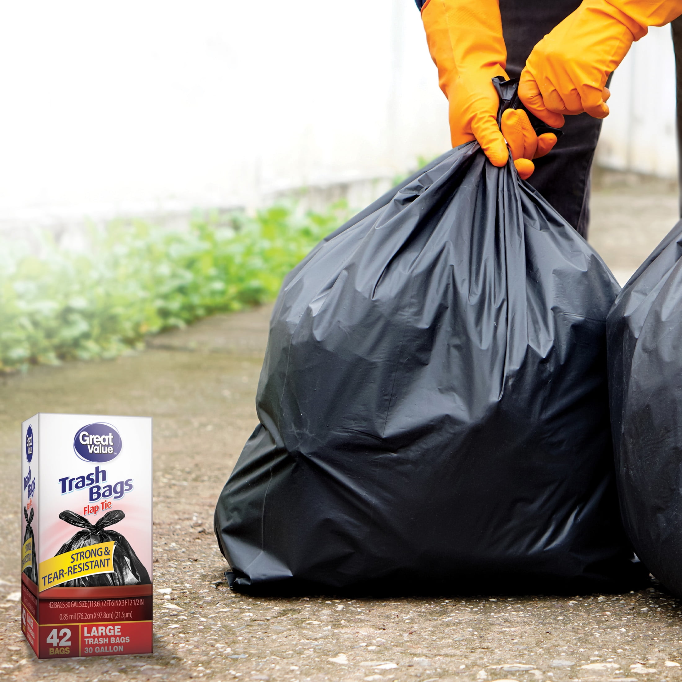 Great Value 30 Gallon Flap Tie Trash Bags, 42 Bags