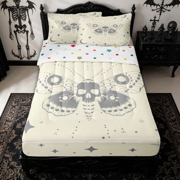 Homewish Victorian Boho Moth Zipper Full Size Comforter Sets with Fitted Sheet and 2 Pillowcases for Kids, Cream Moon Leaf Witchy Zipper Bedding Set, Polka Dot Reversible, 4-Piece