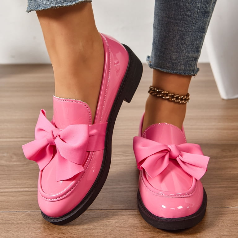 Women's Bow Pumps - Suede Block Heel Loafers, Closed Square Toe Slip On Dress Shoes For Office & Casual