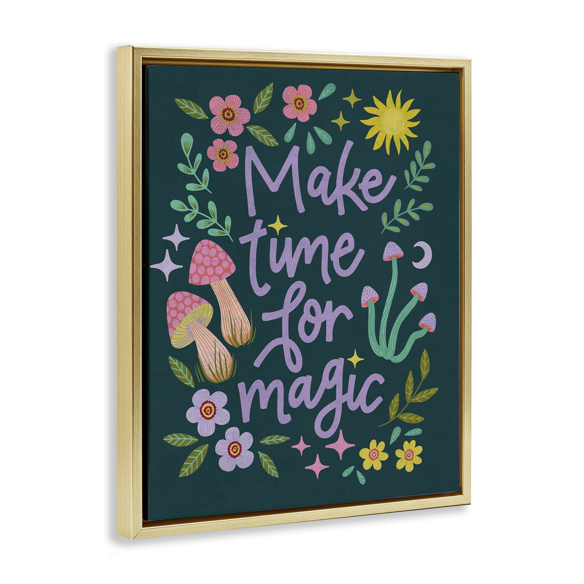Stupell Industries Time For Magic with Florals Plants & Flowers Painting Gold Floater Framed Canvas Art Print Wall Art, 25 x 31