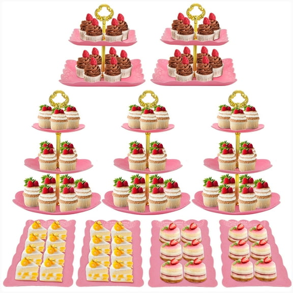 9Pcs Cake Stand Pink Plastic Cupcake Stand Dessert Table Stands Set 3Tier 2Tiered Cupcake Tower Stand Treat Display Holder Cookie Candy Serving Tray Dessert Trays for Wedding Baby Shower Tea Party