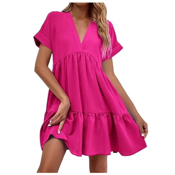 zaveiop Women's Roll up Short Sleeve V Neck Ruffle Hem Solid Swing Smock Dress (Hot Pink, L)