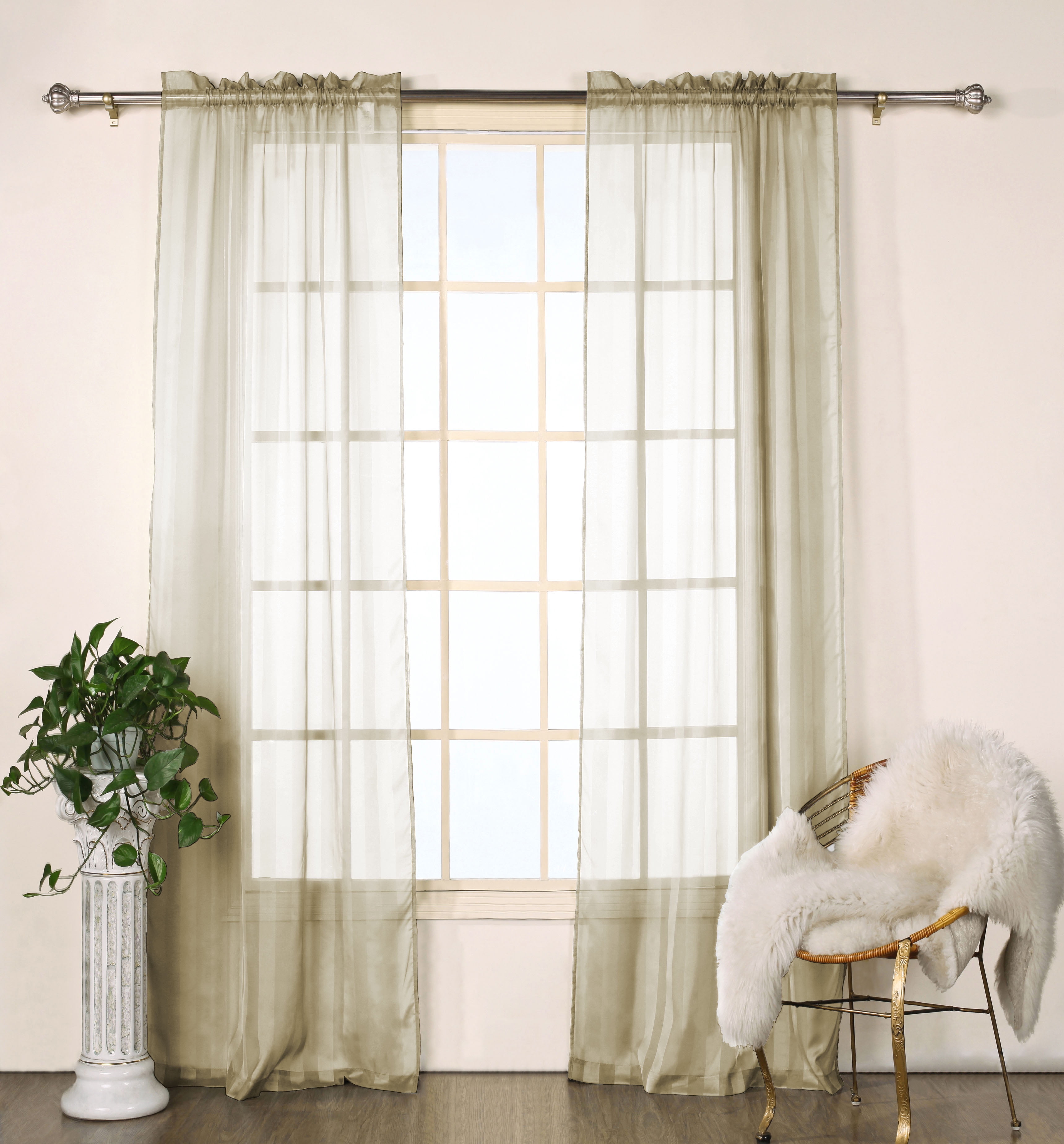 Set of Two (2) Sheer Window Curtain Panels Taupe Satin Stripe, 76"W x