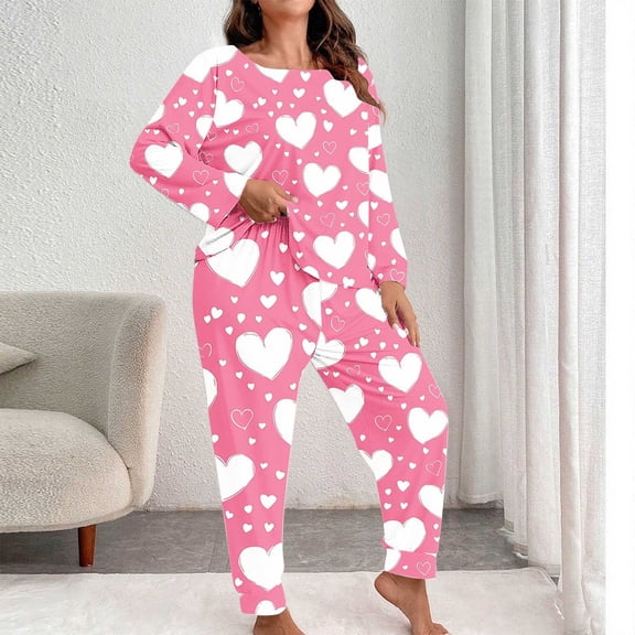 Qulqfy Women's Pajama Sets Cute Valentine Day Soft Pink Plus Size Long Sleeve Shirts and Jogger Pants Heart Print Sleepwear Womens Matching Lounge Set XXL