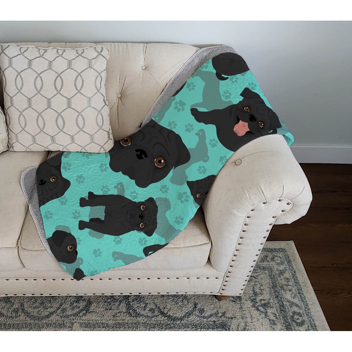 Black Pug Quilted Blanket 50x60 50 in x 60 in