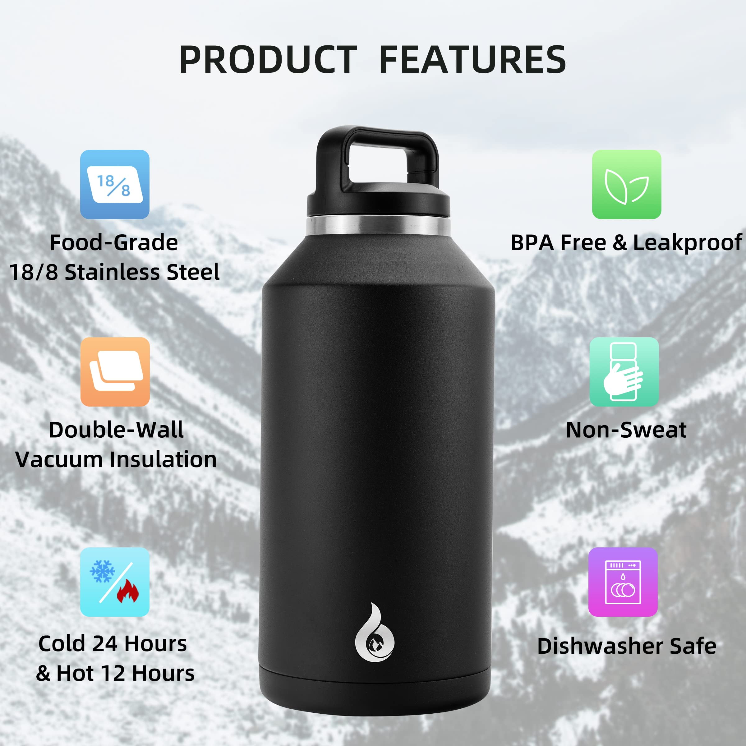 BJPKPK Half Gallon Water Bottle Insulated, Dishwasher Safe 64 oz Water Bottle with Handle, Leakproof BPA Free Water Jug, Large Stainless Steel Water Bottle for Sports, Black