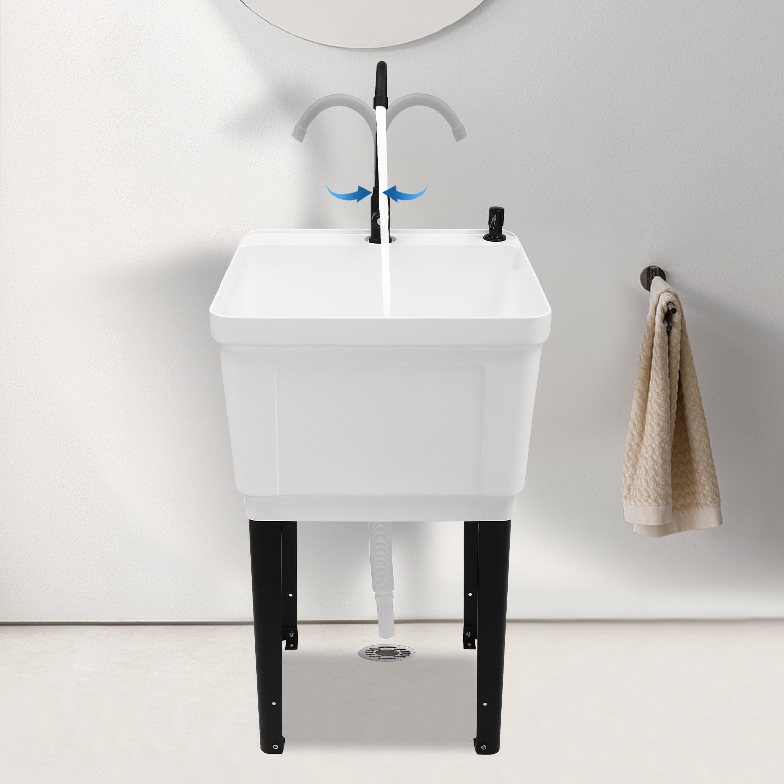 White Space Saver Utility Sink, Freestanding Space Saving Laundry Tub, Rotatable Faucet, Soap Dispenser
