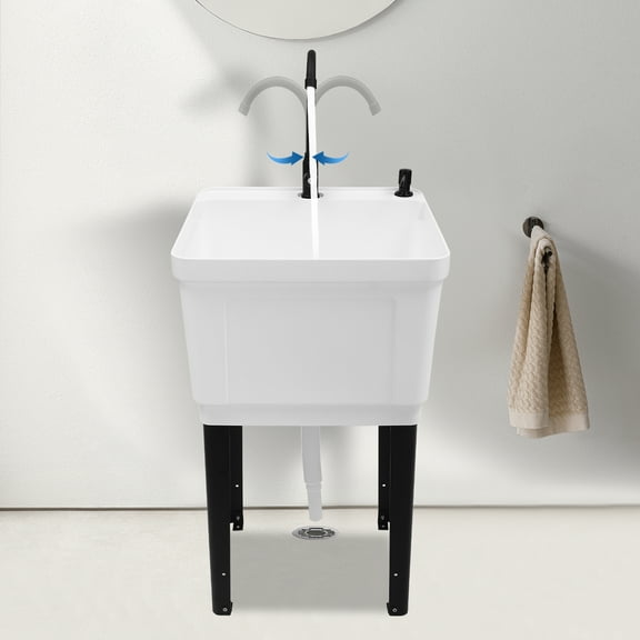 ChicHomey Freestanding Standing Laundry Sink​ with 360° Rotatable Faucet, Large Deepened Sink with Quick Drainage, for Laundry Room Bathroom and Kitchen (White)