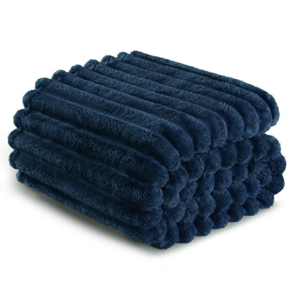 Jacquard Flee Throw Blanket for Sofa, tra Soft Striped Bed Blanket, All Season Lightweight Cozy Blanket for Home Travel, 50x60, Navy Blue
