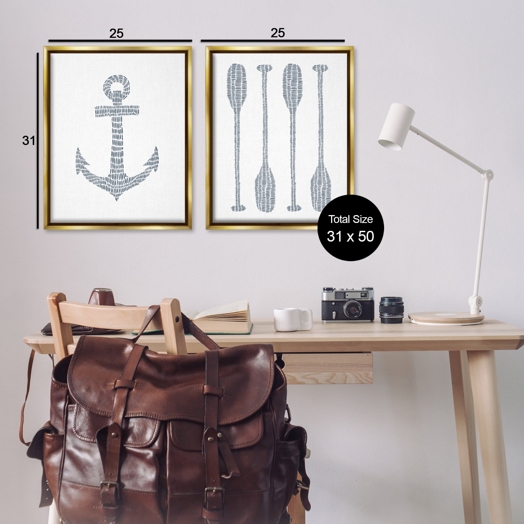 Stupell Industries Simple Lines Nautical Anchor Oars Nautical & Beach Painting Gold Floater Framed Canvas Art Print Wall Art, 31 x 25, Set of 2