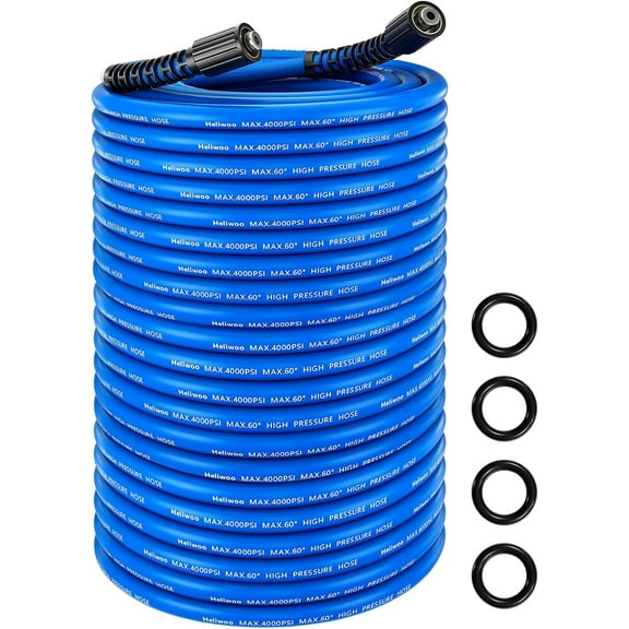 Heliwoo Flexible Pressure Washer Hose 100FT X 1/4", Kink Resistant Max 4000 PSI Power Washing Extension Replacement Hose With Universal M22 Fittings For Gas Electric Pressure Washer