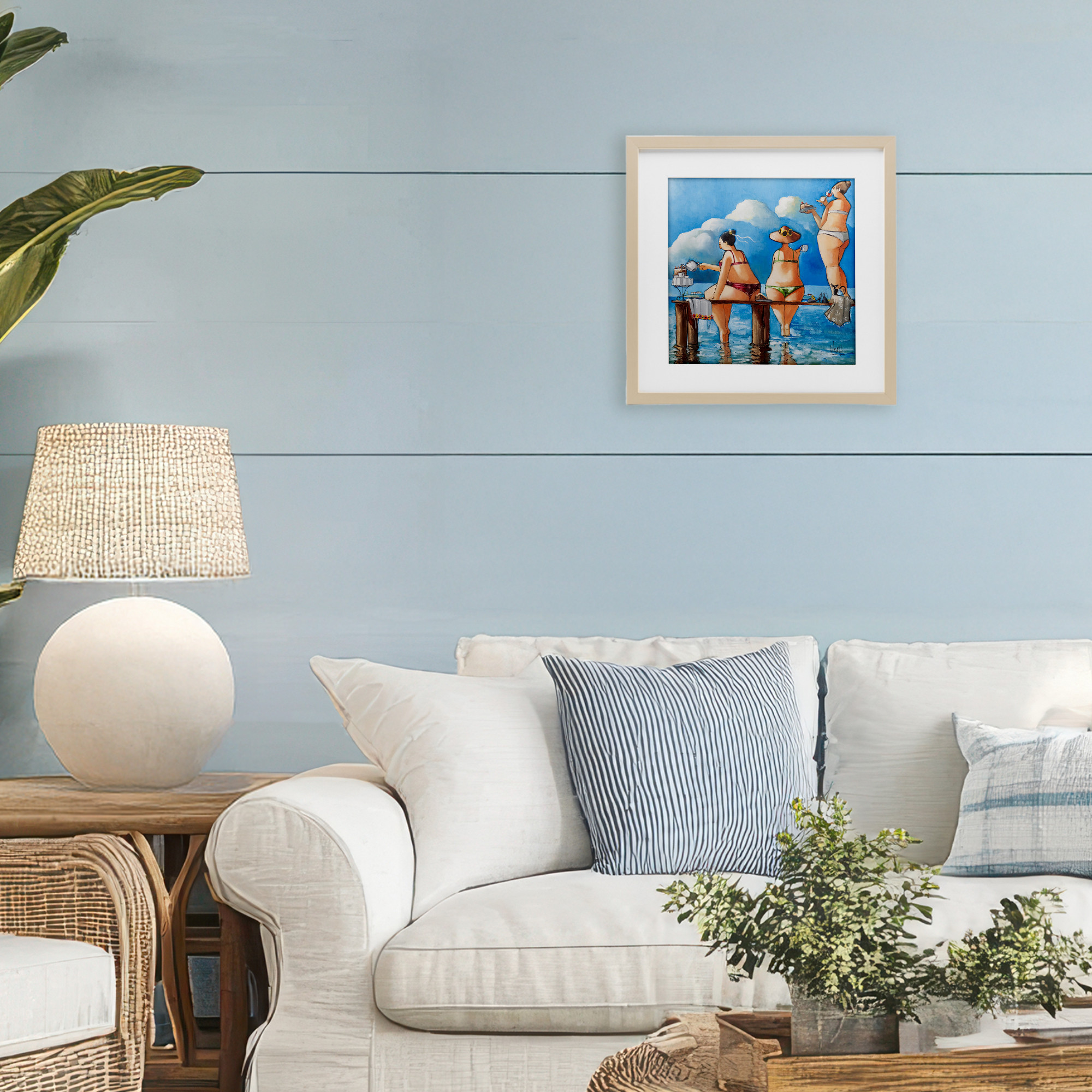 Tea Break On The Jetty Birch Framed Print Under Glass, design by Ronald West