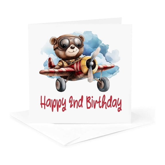 3drose, Cute Aviator Bear in Plane Happy 2nd Birthday, 1 Greeting Card with Envelope