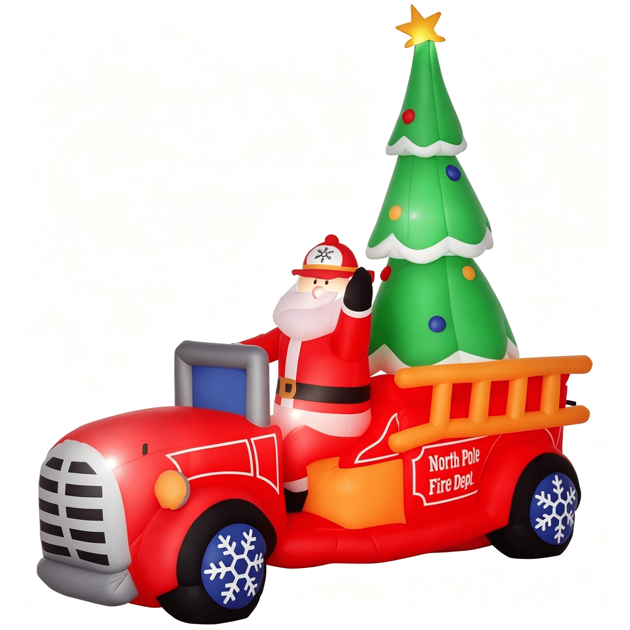 Inflatable Santa Fire Truck with Christmas Tree Outdoor Yard Decoration