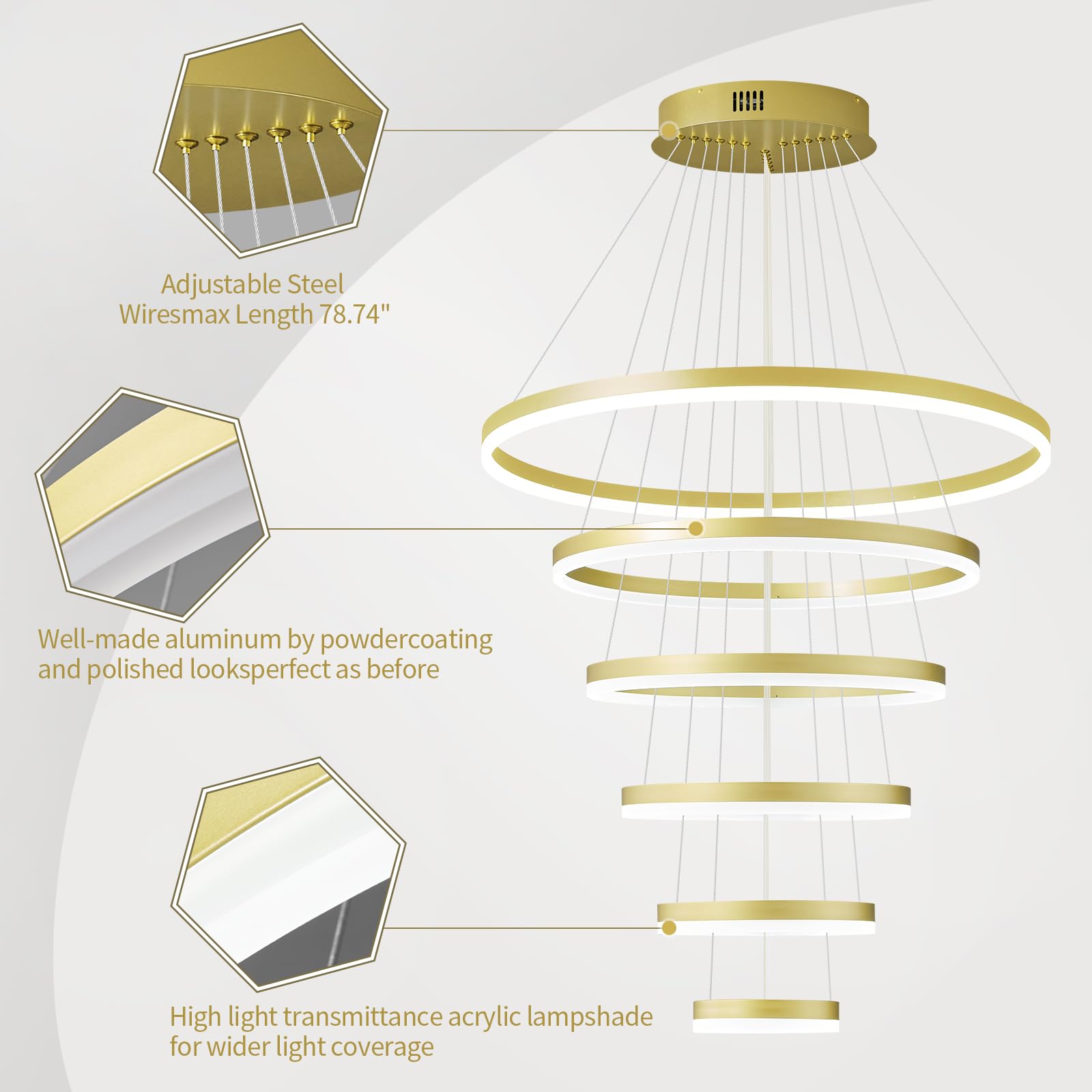 ZHLWIN Modern LED Chandelier Lighting, 6 Rings Gold Chandelier Contemporary Ceiling Pendant Light Fixture for Staircase Foyer High Ceiling Living Room 6000K Cool White