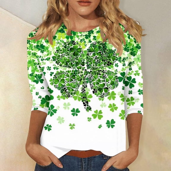 Odbmxy Womens Tee Shirts Shamrock 3/4 Sleeve St. Patty's Day Women Plus Size Tops Vacation Green Loose Tunic Casual Shirts