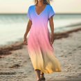 thumbnail image 2 of WTOBBY Women's Summer V-Neck Short Sleeve Cotton Linen Gradient Printed Loose Beach Dresses for Vacation Resort and Outdoor Activities,Pink M, 2 of 5