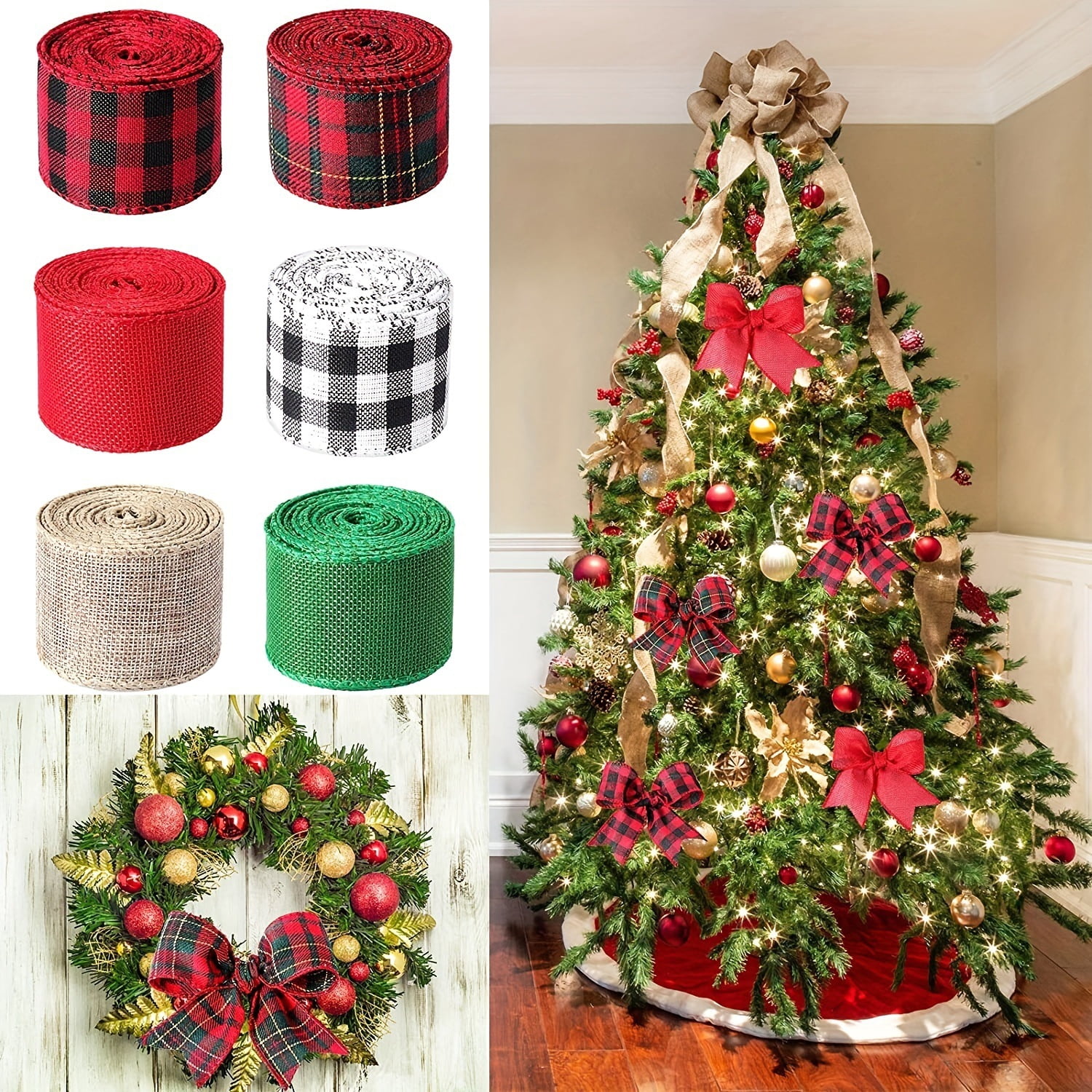 Dalrosia 6PCS Christmas Wired Edge Ribbons Burlap Fabric Ribbon Roll Black Red White Buffalo Plaid Ribbon Wide Craft Ribbon Xmas Tree Crafts Decoration DIY Gift Wrap,2 Inch X 5 Yards Each Roll