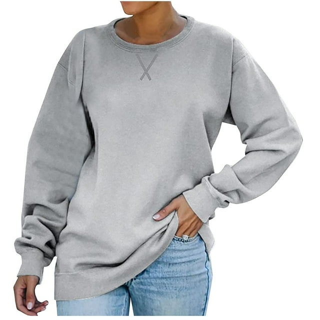 Besolor Chandails en Molleton Oversize pour Femmes Automne 2025 Manches Longues Col Rond Décontracté Couleur Unie Pull Tops Blouse