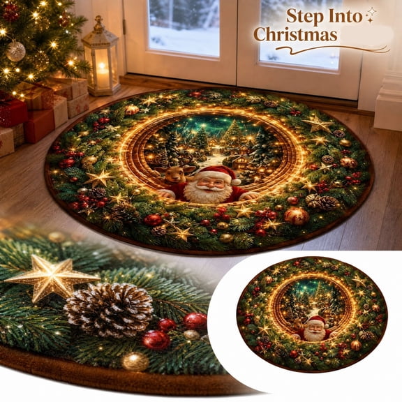 Christmas Santa Optical Illusion Round Floor Rug, 3D Vortex Design Non Slip Area Mat, Decor for Entryway, Bedroom, Living Room
