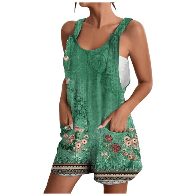 2DXuixsh Combinaisons pour Femmes Combinaison Courte d'Été Décontractée à la Mode Imprimée avec Poches Combinaison Shorts Combinaison Ample Petite Combinaisons pour Femmes Vert Taille P