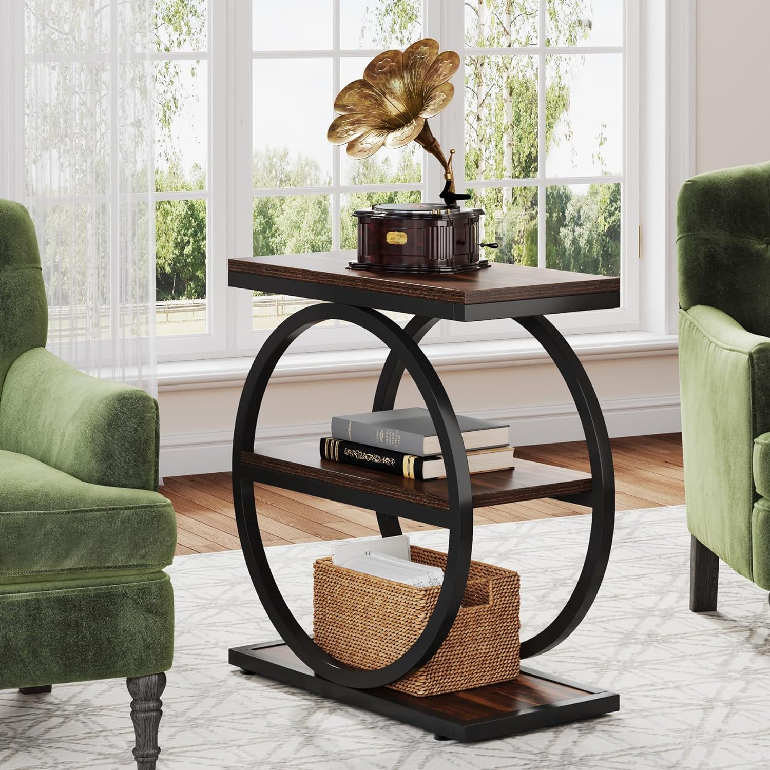Tribesigns End Table, Wood Side Table with Black Metal Frames, Narrow End Table with 3 Storage Shelves for Living Room