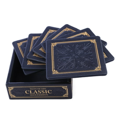 - Set of 6 Square PU Leather Placemat Coasters Cup Mats with Holder for Home Decoration - Dark Blue