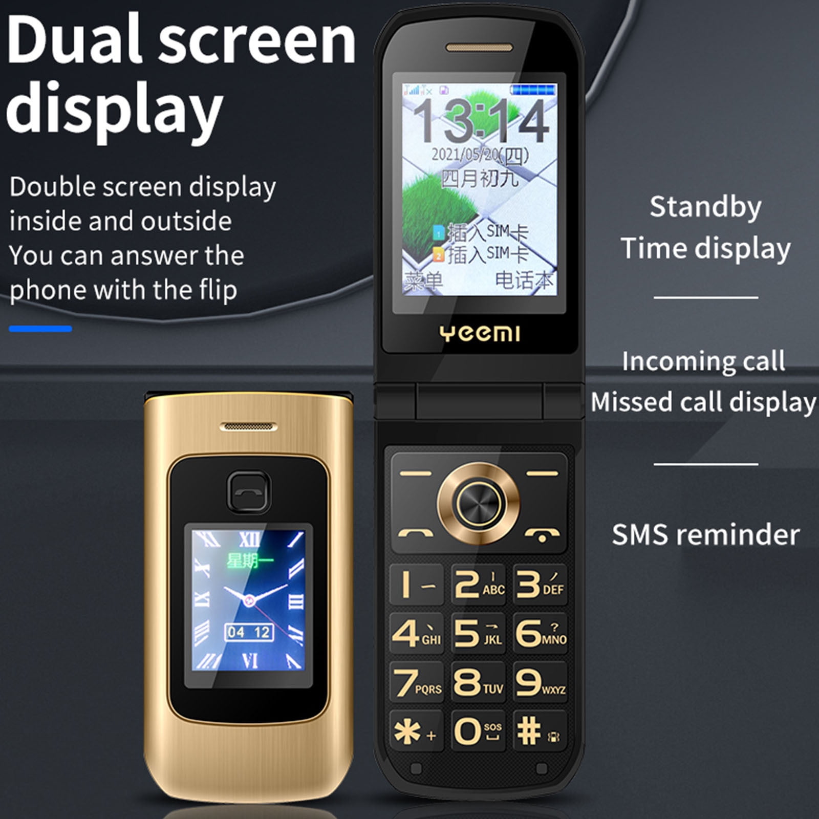 B Dual Screen Flip Phone With 2.6In Inner Display, 2.0In Outer Screen, 4800Mah Battery, Dual Sim, Fm Radio, Camera, Flashlight - Unlocked Senior Cell Phone (Gsm 850/900/1800/1900Mhz)