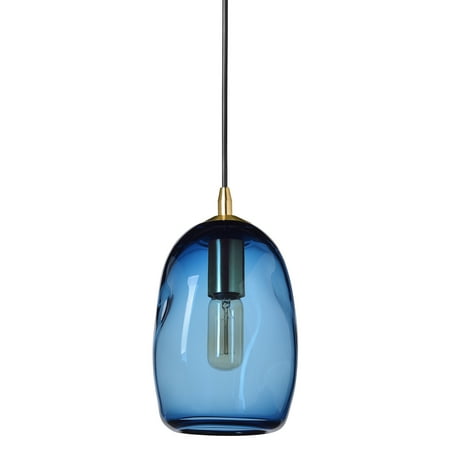 Nickel Hanging Chandelier CASAMOTION Mini Pendant Light Handblown Glass Contemporary Hanging Light,Blue,Brushed Brass Finish ()