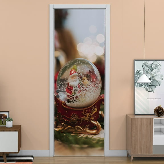 Christmas Door stickers, Beautiful Christmas Door Cover Decoration, Party Accessory Porch Decor for Festive Ornament Indoor Outdoor Covering, Self-adhesive removable PVC refrigerator wall sticker