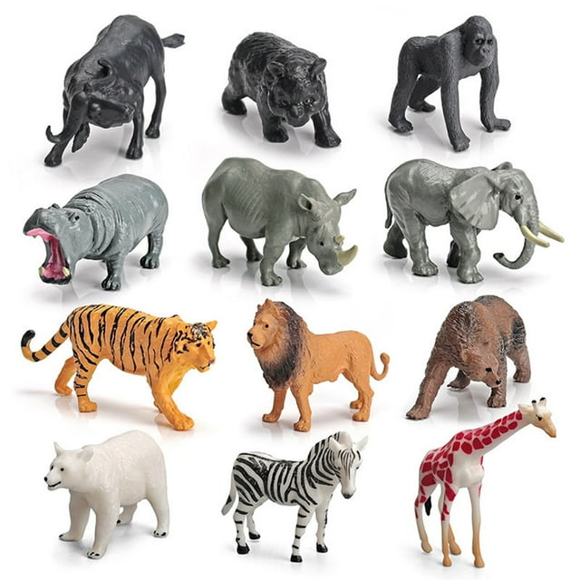 Rvidsgi 12Pcs Realistic Wild Animal Static Model Hippo/Zebra/Elephant/Giraffe/Bear Miniature Figurines DIY Scene Decoration Simulated Zoo Animal Statue Models Children Educational Toy