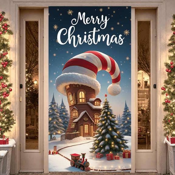 Decorative Design Merry Christmas Banner Snowy House Holiday Scene for Christmas Party Holiday Decoration Winter Celebration