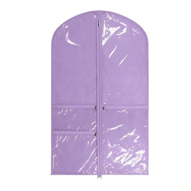 Funda protectora transparente de PVC para uniformes de baile y vestidos de animadoras, con 3 bolsillos con cremallera. Púrpura