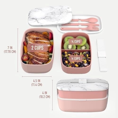 Classic - Adult Bento Box, Stackable 3-Compartment Lunch Box with Removable Utensil Set and Sealing Strap, BPA-Free, Food Container Ideal for Meal Prep, Work, and On the Go (Blush Marble)