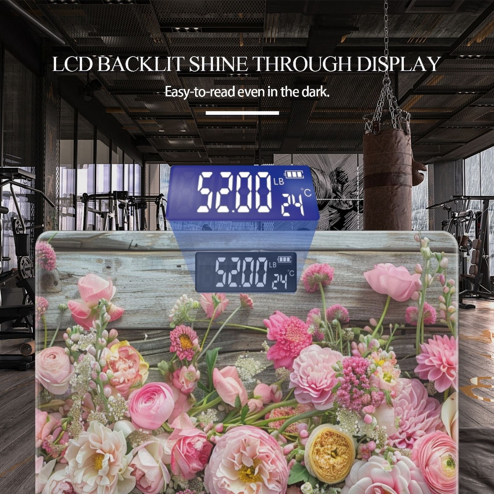 Bathroom Scale, Highly Accurate Digital Body Scale,Precisely Measures Weight up to 400 lbs-Rustic Wooden Wall Adorned With Array Of Pink And Yellow Flowers