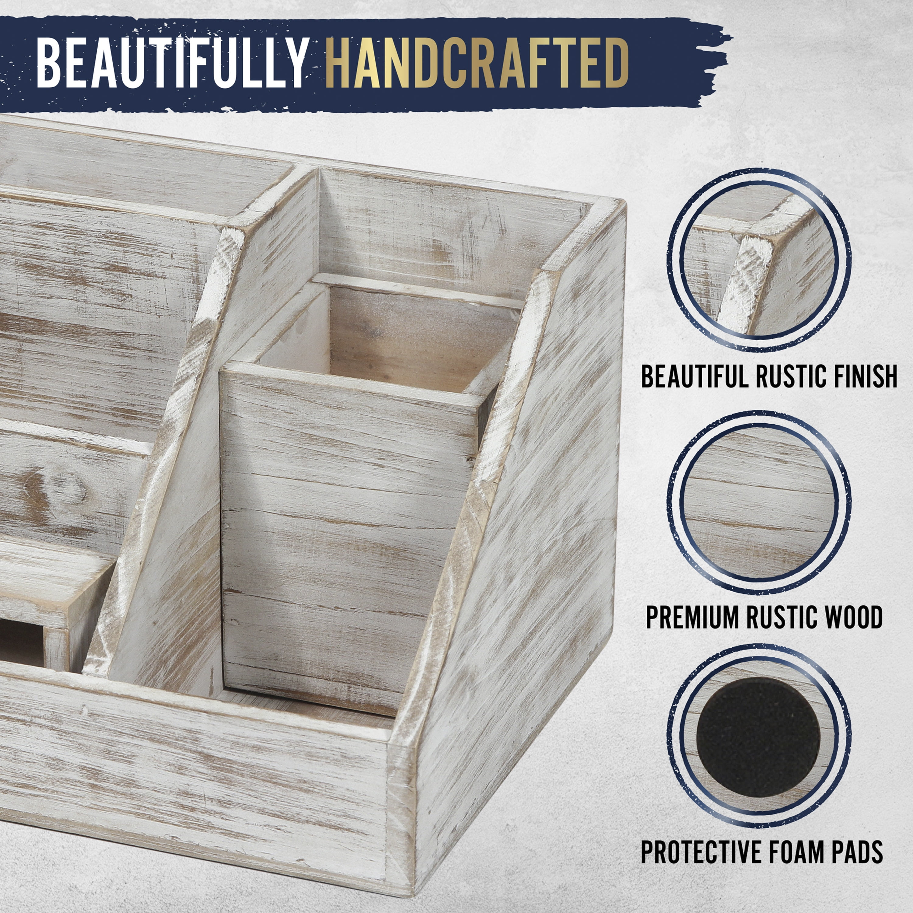 HBCY Creations 3 PIECE Whitewashed Wooden Desk Organizer Set- Rustic Mail Organizer For Desktop - Great For Rustic or Industrial Decor! Makeup Organizer For Vanity