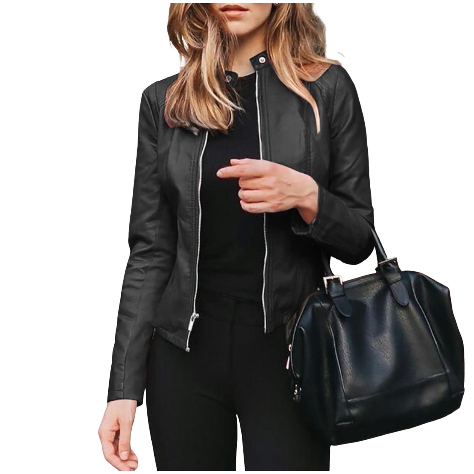 GEWSEY Womens Faux Leather Long Sleeve Jackets Quilted Moto Outwear Slim Lapel Coats (Black, M)