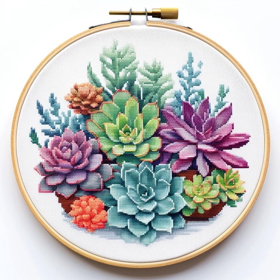 Watercolor Succulent Stamped Cross Stitch Kits for Beginners Easy with Hoop 11CT Needlepoint Embroidery DIY Counted Cross Stitch Kits Art Craft Wall Decor 35x35cm(1)