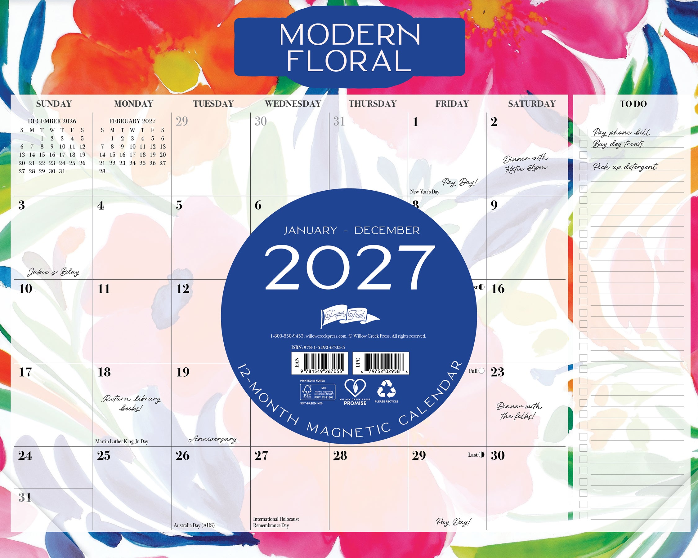 Willow Creek Press Floral 2027 10" x 8" Magnetic Wall Calendar (67055X)
