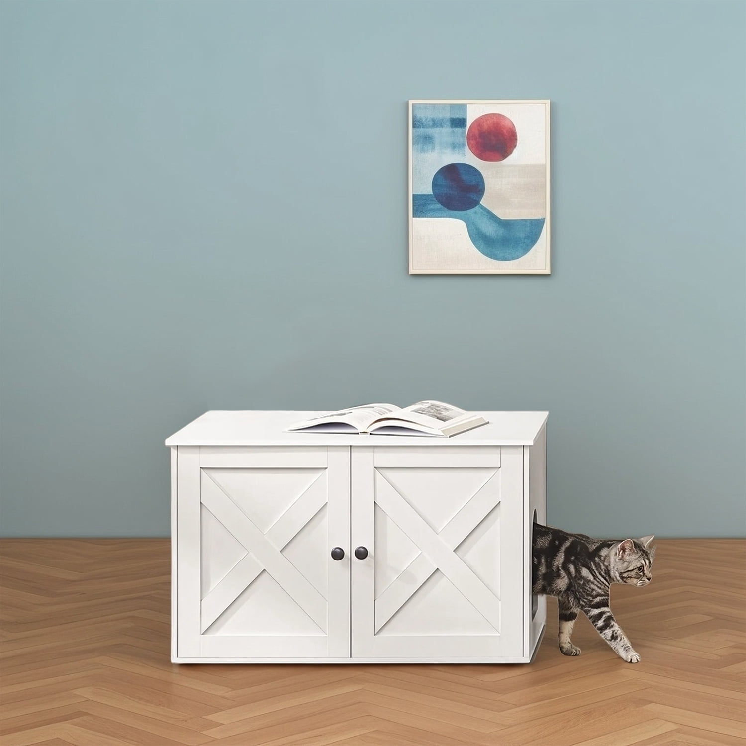 LEDREM Cat Litter Box Furniture Enclosure, Multi-Functional Hidden Washroom with Removable Divider for Indoor Cats,L, White