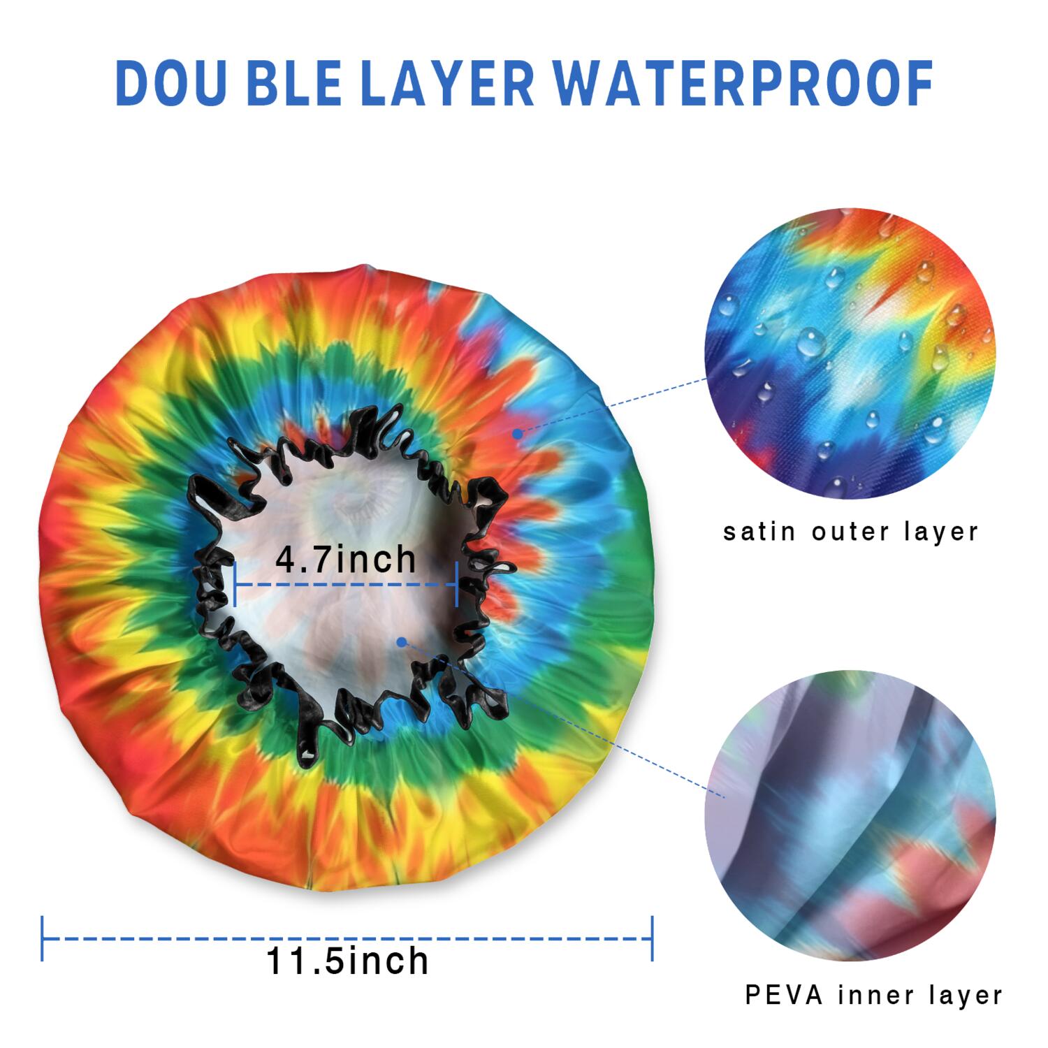 Shower Caps,Colorful Rainbow Tie Dye Spiral Pattern Waterproof Shower Cap for Women 4 Pieces,Double Reusable Hair Cover for Shower PEVA Elastic Stretch Hem