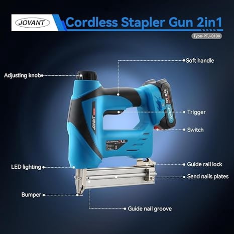 2 in 1 Nail Gun Battery Powered, 20V Cordless Nail Gun,400 Nails, 400 Staples, with Staple Puller, 2 * 2.0Ah Li-Ion Batteries and 2.4A Charger, Brad Nailer for Home Improvement & DIY