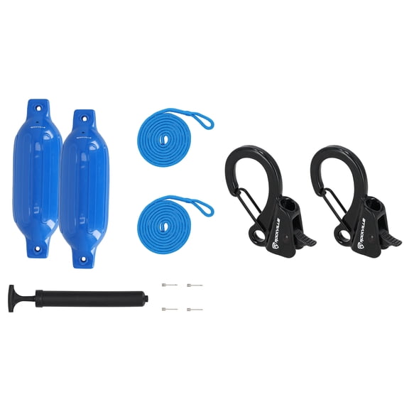 Rockville FEN245-BLUE Bundle: 2 4.5 x 16 in Boat Fenders, 2 Fender Lines, Hand Pump, 2 Inflation Needles, RQA-2 Quick Release Fender Clips, 9-Items