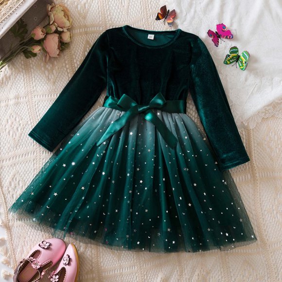 Toddler Children Girls Christmas Long Sleeve Bowknot Star Prints Dresses Dress Clothes Christmas Girls Dresses Size 7 Winter Christmas Girls Dresses Size 10-12 Fall Gevpwj Little Girls Party Dresses