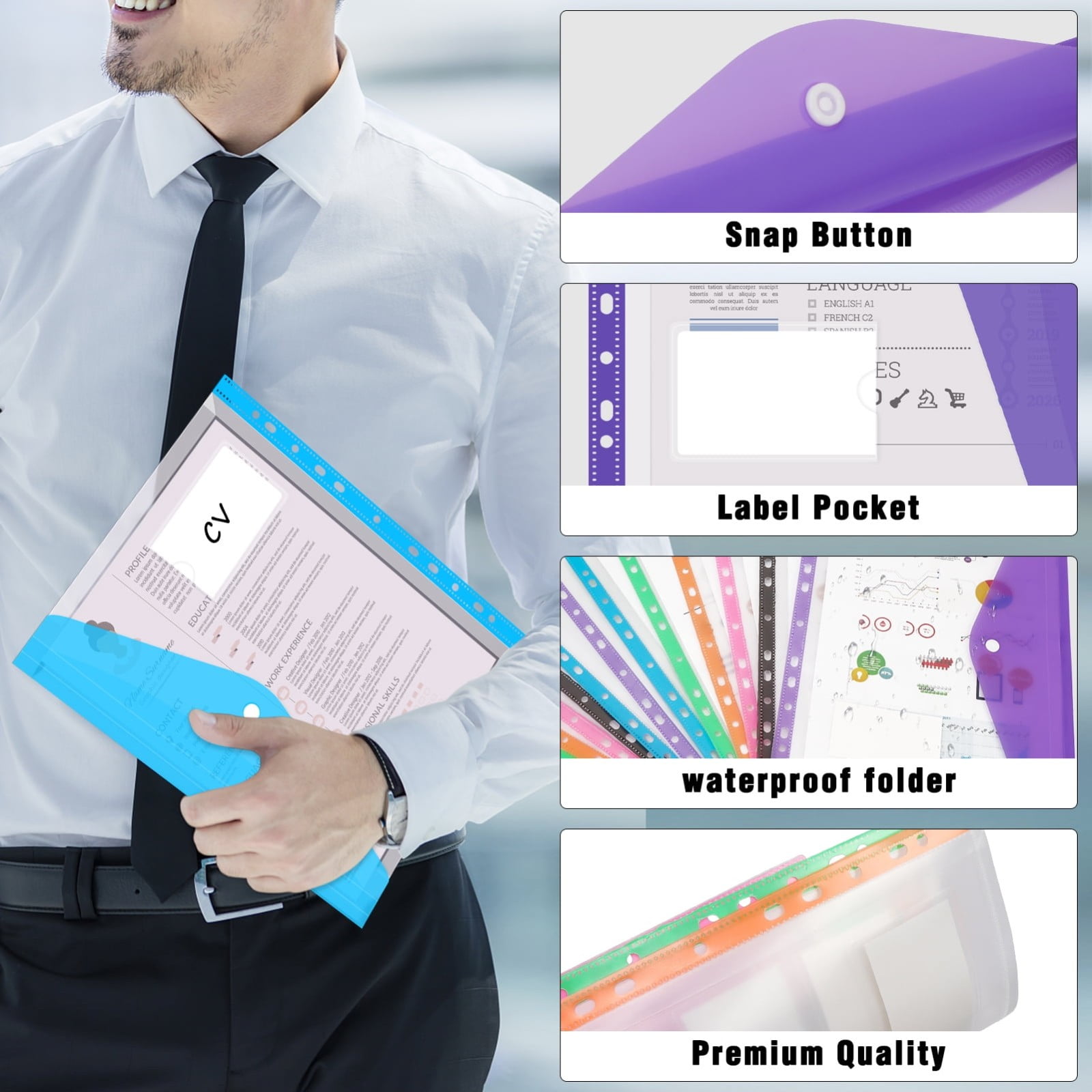 12 Pcs Binder Pocket,Heavy-Duty Transparent Plastic Envelopes Binder Folders,11 Holes Expandable Binder Folders,Loose-Leaf Document Pouch with Snap Button & Label Pocket,Binder Dividers,Mixed 12PCS